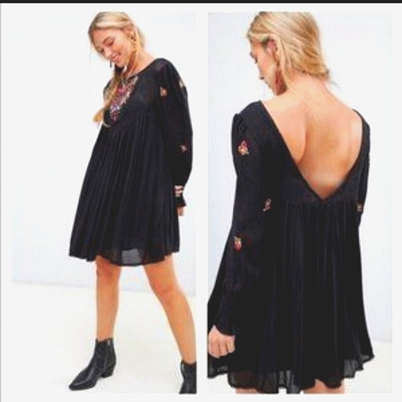 Free People Mohave Boho Embroidered Long Sleeve Flowy Black Mini Dress Small - Picture 2 of 5